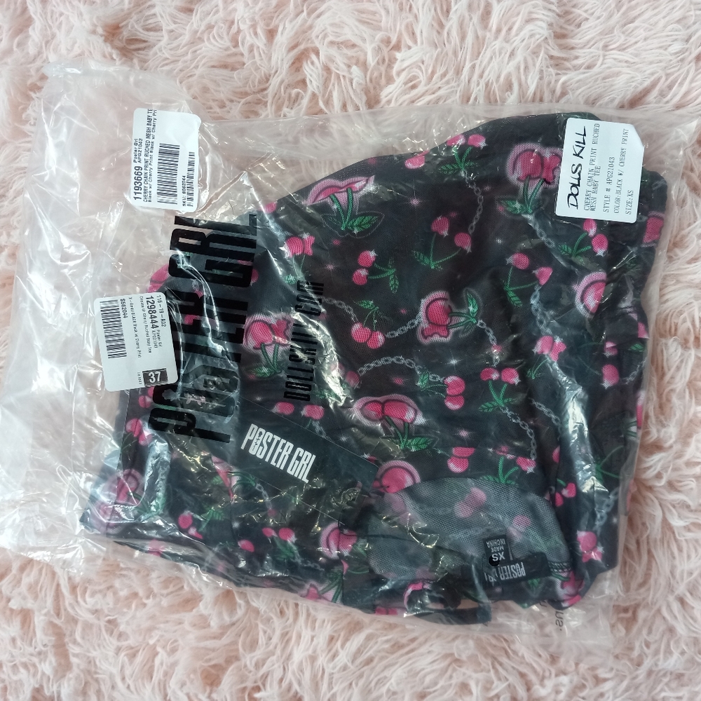 SOLD! Dolls Kill cherries ruched baby doll top! Sheer mesh kawaii cute nwt top! - Picture 6 of 13